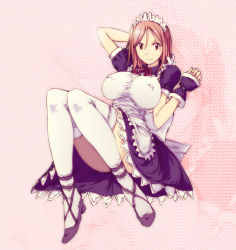 Rule 34 | 1girl, apron, bad id, bad pixiv id, breasts, character request, covered erect nipples, hataraki ari, huge breasts, legs, maid, maid apron, maid headdress, original, pink hair, red eyes, ribbon, short hair, solo, source request, thighhighs