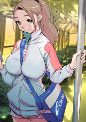 Rule 34 | 1girl, bag, between breasts, breasts, brown eyes, brown hair, cellphone, dytm, highres, jacket, large breasts, long hair, looking at viewer, original, phone, photo background, ponytail, pool monitor part-timer (dtym), shorts, smile, solo, strap between breasts, track jacket, train interior