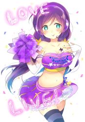 Rule 34 | 10s, 1girl, :p, bare shoulders, blush, breasts, cheerleader, cleavage, female focus, gloves, green eyes, headphones, highres, jpeg artifacts, kakizato, looking at viewer, love live!, love live! school idol project, md5 mismatch, microphone, midriff, navel, purple hair, resized, skirt, smile, solo, takaramonozu, thighhighs, tongue, tongue out, tojo nozomi, twintails