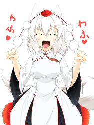 Rule 34 | 1girl, alternate costume, animal ears, blush, breasts, chinese clothes, fang, female focus, happy, hat, highres, inubashiri momiji, inyuppo, large breasts, looking at viewer, open mouth, paw pose, short hair, silver hair, simple background, skirt, solo, tail, tokin hat, touhou, translation request, white background, wolf ears, wolf tail