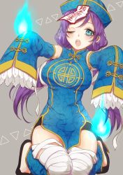 Rule 34 | 1girl, absurdres, aqua eyes, azuma (no488888), bandages, blue fire, breasts, chinese clothes, fire, hat, highres, kneeling, large breasts, long hair, love live!, love live! school idol project, one eye closed, open mouth, purple hair, qingdai guanmao, sleeves past wrists, solo, tojo nozomi, twintails