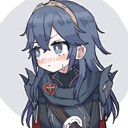 1girl armor blue_eyes blue_hair blush brand_of_the_exalt cape closed_mouth facing_viewer fire_emblem fire_emblem_awakening hair_between_eyes highres jacomodayo long_hair looking_to_the_side lucina_(fire_emblem) nintendo shoulder_armor solo sweatdrop symbol_in_eye tiara upper_body