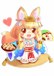 Rule 34 | 1girl, :d, absurdres, aburaage, animal ears, apron, blonde hair, blush stickers, chibi, copyright request, couch, cushion, daiso, folding fan, food, fox ears, fox tail, hair ornament, hakama, hakama skirt, hand fan, highres, japanese clothes, kimono, looking at viewer, open mouth, red eyes, sitting, skirt, smile, solo, tail