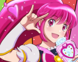 Rule 34 | 1girl, \m/, aino megumi, blush, bow, brooch, cure lovely, happinesscharge precure!, heart, heart brooch, looking at viewer, macross, macross frontier, nakajima megumi, open mouth, parody, pink bow, pink eyes, pink hair, precure, seikan hikou, solo, terumin (yuganda sebone), voice actor connection, wide ponytail
