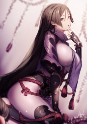 Rule 34 | 1girl, arm guards, armor, black gloves, bodysuit, breasts, elbow gloves, fate/grand order, fate (series), fingerless gloves, genyaky, gloves, highres, japanese armor, kote, large breasts, long hair, looking at viewer, low-tied long hair, minamoto no raikou (fate), open mouth, parted bangs, purple bodysuit, purple eyes, purple hair, ribbed sleeves, rope, tabard, thighs, very long hair