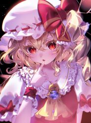 Rule 34 | 1girl, ascot, blonde hair, blush, bow, brooch, commentary request, flandre scarlet, hat, hat bow, highres, jewelry, looking at viewer, mob cap, one side up, open mouth, pointy ears, puffy short sleeves, puffy sleeves, purple brooch, rakugakiman2222, red bow, red eyes, red vest, short sleeves, side ponytail, sleeve bow, slit pupils, solo, touhou, vest, white hat, wrist cuffs, yellow ascot