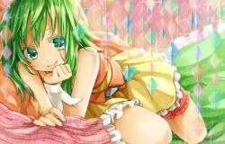 Rule 34 | 1girl, bare shoulders, belt, dress, female focus, frilled dress, frills, green eyes, green hair, gumi, hand on own cheek, hand on own face, head rest, looking at viewer, lying, matching hair/eyes, momomochi, pillow, sleeveless, sleeveless dress, smile, solo, thigh strap, vocaloid, wrist cuffs, yellow dress