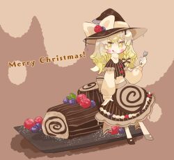 Rule 34 | 1girl, black skirt, blonde hair, blush, chibi, food, fork, full body, hat, highres, holding, holding fork, kirisame marisa, long hair, long sleeves, looking at viewer, merry christmas, plate, skirt, solo, standing, star-shaped pupils, star (symbol), symbol-shaped pupils, tongue, tongue out, touhou, user tppj4775, witch hat