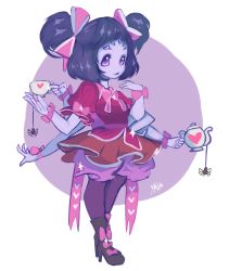 Rule 34 | 1girl, absurdres, boots, bow, colored skin, doughnut, extra arms, extra eyes, fangs, food, high heel boots, high heels, highres, arthropod girl, lips, muffet, purple lips, purple skin, red heels, ribbon, solo, spider girl, tea, undertale