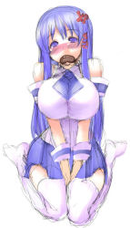 Rule 34 | 1girl, blue eyes, blue hair, blue skirt, breasts, cleavage, detached sleeves, goban, large breasts, long hair, matching hair/eyes, os-tan, sketch, skirt, smile, solo, thighhighs, white thighhighs, xp-tan