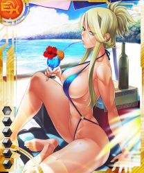 Rule 34 | 1girl, aqua eyes, arm support, bare legs, barefoot, beach, beach towel, beach umbrella, blonde hair, blue eyes, blue one-piece swimsuit, blue sky, blurry, book, bottle, breasts, card (ex-orange), card (medium), card (pvp), center opening, cleavage, cloud, collarbone, contrail, cooler, covered erect nipples, criss-cross halter, cup, curvy, day, depth of field, drink, drinking, drinking glass, drinking straw, eyes visible through hair, feet, flipped hair, flower, folded ponytail, food, from side, fruit, full body, groin, hair between eyes, half-closed eyes, halterneck, hill, hip bones, hip focus, holding, holding cup, holding drinking glass, knee up, large breasts, leaf, legs, lens flare, light rays, lilith-soft, long hair, looking at viewer, messy hair, navel, nipples, o-ring, o-ring swimsuit, ocean, official art, one-piece swimsuit, open book, orange (fruit), orange slice, outdoors, parted bangs, perky breasts, pinky out, ponytail, red flower, shade, shiny skin, short hair with long locks, sideboob, sidelocks, sideways glance, sitting, sky, slingshot swimsuit, solo, spread legs, strap gap, striped, striped towel, sunbeam, sunlight, sweat, swimsuit, taimanin (series), taimanin asagi, taimanin asagi battle arena all card gallery, taimanin asagi kessen arena, thighs, toned, touko von messerschmitt, towel, umbrella, under umbrella, water, zol