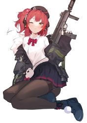 Rule 34 | ahoge, beret, black pantyhose, blush, commission, fataaa, girls&#039; frontline, gun, h&amp;k mp7, hat, highres, machine pistol, medium hair, mp7 (girls&#039; frontline), nail polish, one eye closed, pantyhose, personal defense weapon, pixiv commission, pleated skirt, red hair, red nails, side ponytail, simple background, skirt, solo, submachine gun, suppressor, thighband pantyhose, weapon, white background