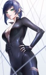 Rule 34 | 1girl, alternate costume, black bodysuit, black gloves, blue hair, blunt bangs, bodysuit, braid, breasts, catsuit, center opening, cowboy shot, dazhong (g.marika), diagonal bangs, dutch angle, earrings, fingerless gloves, genshin impact, gloves, green eyes, hand on own hip, highres, jewelry, large breasts, long sleeves, looking at viewer, mole, mole on breast, parted lips, short hair, sidelocks, single fingerless glove, smile, solo, torn bodysuit, torn clothes, underboob, white background, yelan (genshin impact)