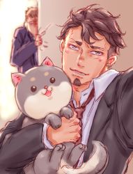 Rule 34 | 2boys, absurdres, animal, black hair, black jacket, blush, collared shirt, dog, earrings, facial hair, goatee, highres, irie kazumichi, jacket, jewelry, looking at viewer, male focus, multiple boys, necktie, oishi (psycho-pass), omochinosu, open clothes, open jacket, peeking out, psycho-pass, shirt, undercut, white shirt