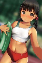 Rule 34 | 1girl, absurdres, bare arms, bare shoulders, black hair, blurry, blurry background, blush, breasts, brown eyes, buruma, closed mouth, collarbone, cowboy shot, crop top, depth of field, dutch angle, hair ornament, hair scrunchie, highres, holding, holding towel, long hair, looking at viewer, low twintails, matsunaga kouyou, midriff, navel, nose blush, original, polka dot, polka dot scrunchie, red buruma, red scrunchie, scrunchie, small breasts, smile, solo, standing, tan, tank top, towel, track uniform, twintails, white tank top