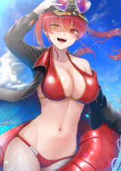 Rule 34 | 1girl, :d, absurdres, adjusting clothes, adjusting headwear, bare shoulders, bikini, black jacket, breasts, cleavage, cloud, collarbone, cowboy shot, dated, eyewear on head, fangs, hat, heart, heart-shaped eyewear, heterochromia, highres, hololive, houshou marine, houshou marine (summer), innertube, jacket, large breasts, long hair, looking at viewer, navel, off shoulder, open mouth, red bikini, red eyes, red hair, rushian, signature, skindentation, sky, smile, solo, stomach, sunglasses, swim ring, swimsuit, tongue, twintails, virtual youtuber, water, yellow eyes