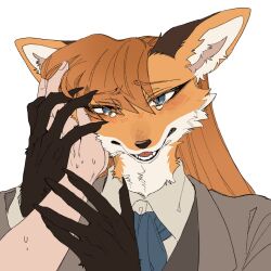 Rule 34 | 1girl, animal ears, blue eyes, blue necktie, body fur, brown jacket, brown vest, claws, collared jacket, collared shirt, commentary request, disembodied hand, fox ears, fox girl, furry, furry female, hand on another&#039;s face, highres, jacket, long hair, looking at viewer, necktie, open mouth, orange fur, orange hair, original, pov, rata (norahasu), shirt, simple background, slit pupils, tearing up, upper body, vest, white background