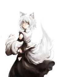 Rule 34 | 1girl, animal ears, bare shoulders, detached sleeves, female focus, from behind, highres, inubashiri momiji, kyoro1230, kyoro (asdfg-hjkl), no headwear, red eyes, short hair, silver hair, simple background, solo, tail, touhou, white background, wolf ears, wolf tail