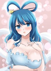 Rule 34 | 1girl, :o, blue dress, blue eyes, blue hair, blush, breast lift, breasts, cleavage, detached sleeves, dress, hair ornament, hair rings, hair stick, head tilt, highres, hisin, jewelry, kaku seiga, large breasts, looking at viewer, medium hair, puffy detached sleeves, puffy sleeves, ring, short sleeves, solo, strapless, strapless dress, touhou, vest, wedding band