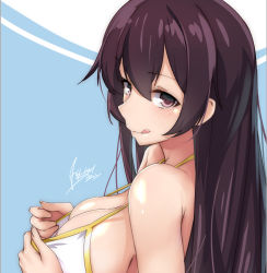 Rule 34 | 1girl, :q, bikini, bikini top only, black hair, blush, breasts, fate/grand order, fate (series), large breasts, long hair, looking to the side, sideboob, solo, swimsuit, tilt-shift (azalanz), tongue, tongue out, xuangzang sanzang (fate)