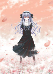 Rule 34 | 1girl, albino, araki maki, arms behind back, black pantyhose, bow, cherry blossoms, cloud, dress, field, flat chest, flower, frills, gothic lolita, hair bow, hairband, ima (saihate no ima), lolita fashion, long hair, looking at viewer, motion blur, official art, outdoors, pantyhose, petals, red eyes, saihate no ima, sky, solo, standing, turtleneck, wavy hair, white hair, wind
