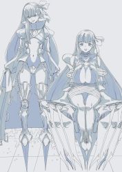 Rule 34 | 2girls, absurdres, armor, bare shoulders, belt, blue theme, bow, claw (weapon), closed mouth, clothing cutout, collarbone, daydremec, fate/grand order, fate (series), greaves, grey background, greyscale, hair between eyes, hair bow, highres, huge weapon, long hair, looking at viewer, meltryllis (fate), monochrome, multiple girls, navel, o-ring, parted lips, passionlip (fate), shoulder cutout, sitting, sleeves past fingers, sleeves past wrists, smile, standing, tile floor, tiles, weapon