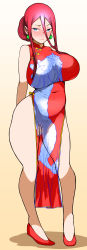 Rule 34 | 1girl, absurdres, alternate breast size, arms behind back, bad id, bad pixiv id, bare shoulders, blue eyes, blush, breasts, china dress, chinese clothes, covered navel, creatures (company), dress, earrings, game freak, gen 1 pokemon, gradient background, gyarados, highres, huge breasts, jessie (pokemon), jewelry, kuuneru (ojigi), long hair, long legs, looking at viewer, nintendo, pelvic curtain, pokemon, pokemon (anime), pokemon (creature), red hair, see-through, shoes, side slit, solo, sweatdrop, thick thighs, thighs, yellow background