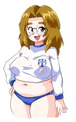 Rule 34 | 1girl, bichosan, breasts, brown eyes, brown hair, buruma, cameltoe, covered erect nipples, glasses, hand on own hip, highres, large breasts, medium hair, midriff, navel, open mouth, original, plump, smile, sweater, thick eyebrows