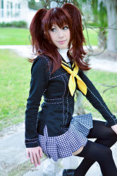 Rule 34 | 1girl, bench, blurry, brown eyes, brown hair, cosplay, cosplay photo, day, depth of field, hand on own knee, highres, houndstooth, ichigokitty, kujikawa rise, kujikawa rise (cosplay), looking to the side, matching hair/eyes, miniskirt, nail polish, outdoors, persona, persona 4, photo (medium), pleated skirt, raised eyebrow, scarf, school uniform, serafuku, sitting, skirt, smile, solo, thighhighs, turtleneck, twintails