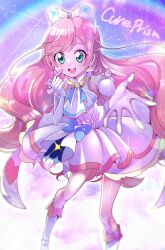 Rule 34 | 1girl, :d, absurdres, ahoge, ascot, blue bow, boots, bow, braided sidelock, brooch, character name, cure prism, dress, earrings, elbow gloves, finger heart, glove bow, gloves, green eyes, hair bow, heart, heart ahoge, highres, hirogaru sky! precure, jewelry, long hair, looking at viewer, magical girl, mitsuki tayura, nijigaoka mashiro, open mouth, outstretched hand, pink hair, precure, rainbow, sidelocks, smile, solo, white ascot, white bow, white dress, white footwear, white gloves, wing brooch
