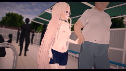 Rule 34 | 1girl, 3d, absurdres, age difference, artist request, blonde hair, blue male swimwear, blue swim trunks, blurry, blurry background, blush, breasts, character request, chromatic aberration, copyright request, exhibitionism, grey male swimwear, grey swim trunks, highres, holding hands, long hair, male swimwear, male swimwear challenge, multiple boys, nipples, pool, public indecency, small breasts, source request, standing, swim trunks, swimsuit, tagme, topless, water