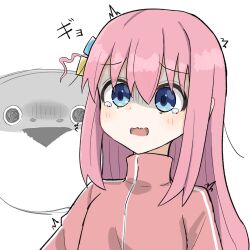 Rule 34 | 1girl, ^^^, blue eyes, blush, bocchi the rock!, cube hair ornament, fish, gotoh hitori, hair between eyes, hair ornament, highres, jacket, long hair, one side up, open mouth, pink hair, pink jacket, sacabambaspis, shaded face, sidelocks, simple background, solo, tareme, tears, tonkotsu frappuccino, track jacket, triangle mouth, upper body, wavy mouth, white background