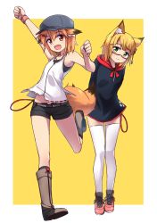 Rule 34 | 2girls, :d, animal ear fluff, animal ears, arm up, bare arms, bare shoulders, baseball cap, belt, belt buckle, black dress, black shorts, blonde hair, blush, boots, brown belt, brown footwear, buckle, closed mouth, commentary request, dress, fang, fox ears, green eyes, grey hat, hair between eyes, hair ornament, hairclip, hat, highres, hood, hood down, hooded dress, knee boots, minowa sukyaru, multiple girls, open mouth, original, red eyes, shirt, shoes, short shorts, shorts, smile, standing, standing on one leg, tank top, tassel, thighhighs, two-tone background, white background, white legwear, white shirt, yellow background