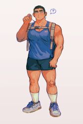Rule 34 | 1boy, ?, absurdres, backpack, bag, bara, black hair, blue shorts, blue tank top, blush, bulge, covered erect nipples, dark-skinned male, dark skin, earrings, full body, highres, jewelry, kim liong (shan), large pectorals, leg hair, long sideburns, looking at viewer, male focus, muscular, muscular male, nike (company), original, pectoral cleavage, pectorals, shan (shanshankuo), shoes, short hair, shorts, side slit, side slit shorts, sideburns, single earphone removed, sneakers, socks, solo, spoken question mark, standing, sweat, tank top, thick eyebrows, thighs