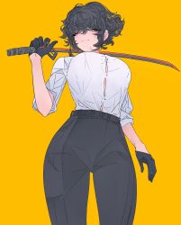 Rule 34 | 1girl, black gloves, black hair, black pants, bright pupils, button gap, cowboy shot, elliemaplefox, gloves, hand up, highres, holding, holding sword, holding weapon, long sleeves, looking at viewer, no nose, original, pants, pink eyes, shirt, shirt tucked in, short hair, simple background, solo, sword, weapon, white pupils, white shirt, yellow background