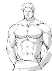 Rule 34 | 1boy, abs, bad id, bad pixiv id, bara, beard, boku no hero academia, endeavor (boku no hero academia), facial hair, greyscale, hands in pocket, highres, looking at viewer, male focus, mature male, monochrome, muscular, muscular male, parted lips, pectorals, scar, scar on face, short hair, sketch, solo, standing, stubble, topless male, u2suke, upper body