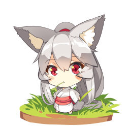 Rule 34 | 1girl, animal ear fluff, animal ears, barefoot, blush stickers, chibi, closed mouth, commentary request, fox ears, fox girl, fox tail, full body, grey hair, hair between eyes, highres, japanese clothes, kimono, long hair, long sleeves, looking at viewer, mouth hold, obi, original, red eyes, sash, simple background, solo, standing, tail, tail raised, very long hair, white background, white kimono, wide sleeves, yuuji (yukimimi)