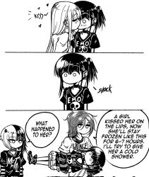 Rule 34 | 3koma, 4girls, bracelet, carrying, carrying person, carrying under arm, choker, comic, corrupted twitter file, ear piercing, emo-girl (grs-), english text, freckles, greyscale, grs-, grunge-girl (grs-), highres, jewelry, kiss, long hair, medium hair, metal-girl (grs-), monochrome, multicolored hair, multiple girls, no mouth, original, pastel-goth-girl (grs-), piercing, ponytail, short ponytail, simple background, spiked bracelet, spiked choker, spikes, surprised, two-tone hair, very long hair, white background, yuri