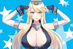 Rule 34 | 1girl, blonde hair, blue background, blue eyes, breasts, closed mouth, commentary, front-tie top, gloves, hair between eyes, highres, hoshino ai&#039;s pose, iowa (kancolle), kantai collection, large breasts, long hair, looking at viewer, odachu, parody, pose imitation, smile, solo, star-shaped pupils, star (symbol), straight-on, symbol-shaped pupils, tongue, tongue out, upper body