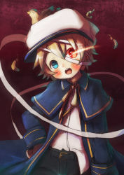 Rule 34 | 1boy, bandages, bird, blonde hair, blue eyes, coat, glowing, glowing eyes, hat, heterochromia, itaru, james (vocaloid), male focus, oliver (vocaloid), red eyes, sailor hat, short hair, solo, vocaloid