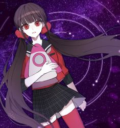 Rule 34 | 1girl, arm at side, black hair, black skirt, commentary, danganronpa (series), danganronpa v3: killing harmony, dutch angle, earrings, hair ornament, hair scrunchie, hand up, harukawa maki, holding, jewelry, long hair, looking at viewer, low twintails, miniskirt, mole, mole under eye, hugging object, open mouth, parted lips, plaid, plaid skirt, pleated skirt, raonal97, red eyes, red scrunchie, red thighhighs, school uniform, scrunchie, serafuku, shirt, skirt, sky, solo, star (sky), starry sky, stuffed toy, symbol-only commentary, teeth, thighhighs, twintails, very long hair, zettai ryouiki