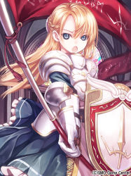 Rule 34 | 1girl, :o, armor, armored dress, bad id, bad pixiv id, blonde hair, blue eyes, capriccio, flag, gauntlets, hibanar, knight, long hair, looking at viewer, open mouth, original, polearm, shield, solo, spear, weapon
