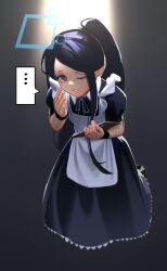 Rule 34 | ..., 1girl, absurdly long hair, absurdres, apron, aris (blue archive), aris (maid) (blue archive), backlighting, black footwear, black hair, blue archive, blue eyes, blue ribbon, bright pupils, cloud nine (798392138), dress, forehead, frilled apron, frills, halo, highres, kneeling, long dress, long hair, looking at viewer, maid apron, neck ribbon, official alternate costume, parted bangs, ponytail, puffy short sleeves, puffy sleeves, ribbon, ringed eyes, short sleeves, solo, speech bubble, spoken ellipsis, very long hair, whispering, white apron, white pupils, wrist cuffs