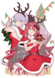 Rule 34 | 2girls, absurdres, baobhan sith (fate), belt, black bow, blue eyes, bow, box, braid, breasts, capelet, christmas, christmas tree, cleavage, dress, fake antlers, fate/grand order, fate (series), french braid, fur-trimmed dress, fur trim, gift, gift box, grey eyes, grey hair, hair bow, hairband, highres, large breasts, long hair, looking at viewer, looking back, medium breasts, morgan le fay (fate), multiple girls, open mouth, pink hair, pointy ears, ponytail, red capelet, red dress, sack, santa dress, sidelocks, smile, solo focus, thighs, tiara, ura illust, very long hair