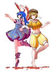 Rule 34 | ambiguous red liquid, animal ears, barefoot, blonde hair, blue dress, blue hair, brown headwear, cabbie hat, closed mouth, commentary request, crescent, dango, dress, earclip, flat cap, floppy ears, food, frilled dress, frills, hat, highres, hoshii 1213, kuya (hey36253625), leg strap, leg up, long hair, midriff, moon rabbit, navel, open mouth, orange shirt, puffy short sleeves, puffy sleeves, purple footwear, rabbit ears, rabbit tail, red eyes, ringo (touhou), seiran (touhou), shirt, short hair, short sleeves, shorts, simple background, smile, star (symbol), stomach, striped clothes, striped shorts, tail, tiptoes, toes, tongue, tongue out, touhou, wagashi, white background, yellow shorts