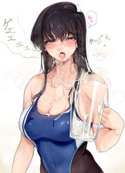 Rule 34 | 1girl, absurdres, black eyes, black hair, blush, breasts, burp, commentary, covered erect nipples, covered navel, cum, cum in container, cum in mouth, cum on clothes, cup, english commentary, glass, gokkun, heart, heart-shaped pupils, highres, holding, holding cup, komi-san wa komyushou desu, komi shouko, large breasts, long hair, looking at viewer, mamimi (mamamimi), nose bubble, open mouth, pantyhose, purple eyes, shiny clothes, simple background, solo, sound effects, spoken heart, stray pubic hair, swimsuit, symbol-shaped pupils, tongue, tongue out, white background
