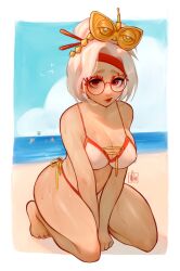 Rule 34 | 1girl, absurdres, barefoot, beach, bikini, bird, border, breasts, cleavage, cloud, full body, glasses, hair ornament, hair stick, highres, horizon, large breasts, looking at viewer, mishroomarts, nintendo, outdoors, outside border, purah, red eyes, round eyewear, shadow, solo, sweat, swimsuit, the legend of zelda, the legend of zelda: tears of the kingdom, water, white border, white hair, wide hips