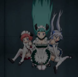 Rule 34 | 00s, 3girls, apron, breasts, carol, cleavage, falling, green hair, large breasts, long hair, maid, maid apron, mary janes, multiple girls, peretta, red hair, screencap, shizzle, shoes, short hair, silver hair, thighhighs, twintails, very long hair, weiss survive, white legwear