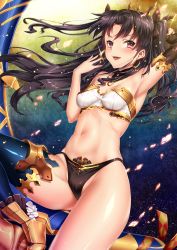 Rule 34 | 1girl, armpits, asymmetrical legwear, asymmetrical sleeves, bad proportions, bare shoulders, black hair, black panties, blush, breasts, earrings, elbow gloves, fate/grand order, fate (series), gloves, hair ribbon, highres, hoop earrings, ishtar (fate), ishtar (fate), jewelry, keita (tundereyuina), long hair, looking at viewer, medium breasts, navel, open mouth, panties, red eyes, ribbon, single elbow glove, single thighhigh, smile, solo, thighhighs, tohsaka rin, two side up, underwear, uneven legwear, uneven sleeves, weapon