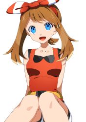 Rule 34 | 1girl, :d, absurdres, arms behind back, bad id, bad pixiv id, bike shorts, black shorts, blue eyes, bow, breasts, brown hair, collarbone, creatures (company), game freak, hair bow, hairband, highres, long hair, looking at viewer, may (pokemon), medium breasts, nintendo, open mouth, pokemon, pokemon oras, red hairband, red shirt, shirt, short shorts, shorts, shorts under shorts, simple background, sitting, sleeveless, sleeveless shirt, smile, solo, striped, twintails, white background, white shorts, yuihico